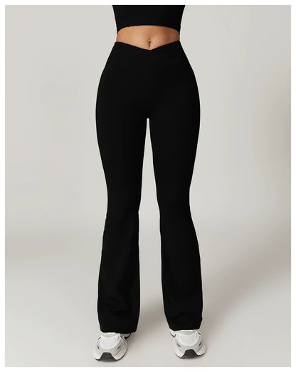Crossover Flare Yoga Leggings for Women High Waist V Cross Bell Bottoms Tummy Control Yoga Pants Wide Leg Fitness Leggings